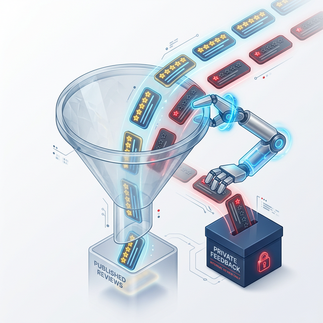Smart review funnel routing 5-star feedback to Google Maps